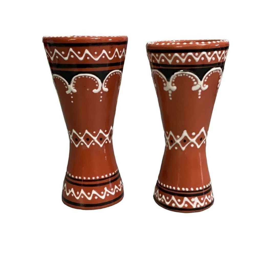 Alcobaca Ceriel Portuguese Pottery Hand Painted Hourglass Tall Cups Set of 2
